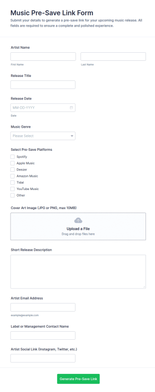 Music Pre Save Link Form Template