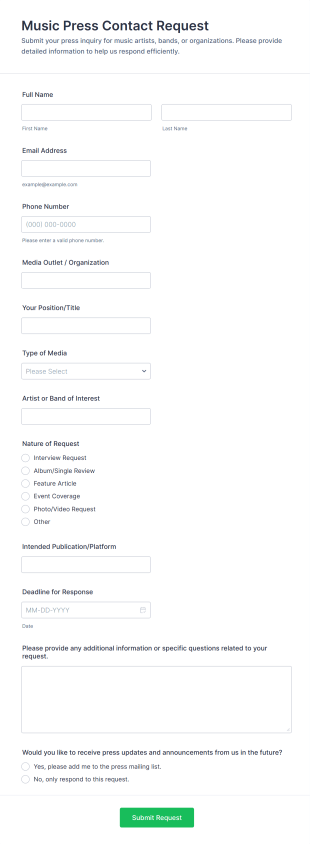 Music Press Contact Request Form Template
