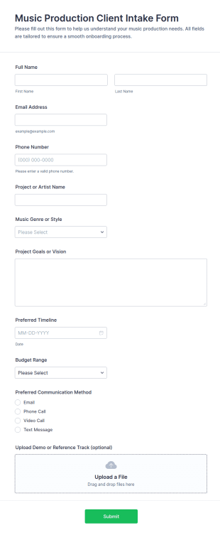 Music Production Client Intake Form Template