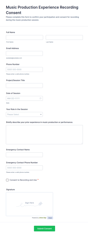 Music Production Experience Recording Consent Form Template