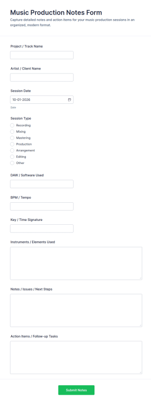 Music Production Notes Form Template