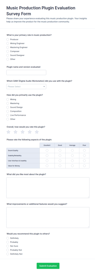 Music Production Plugin Evaluation Survey Form Template