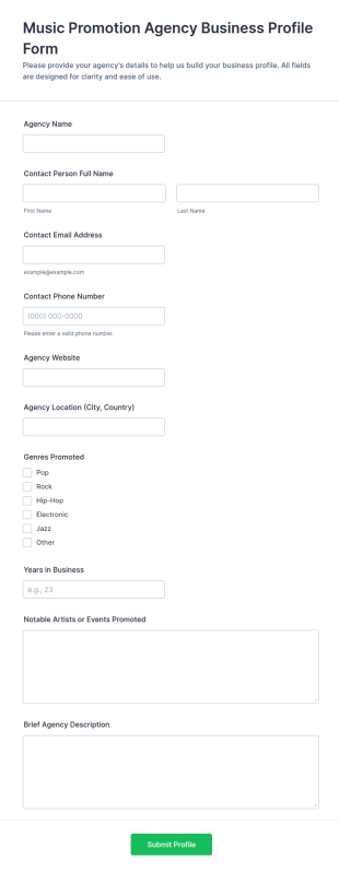 Music Promotion Agency Business Profile Form Template