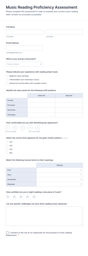 Music Reading Proficiency Assessment Form Template
