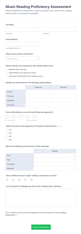 Music Reading Proficiency Assessment Form Template