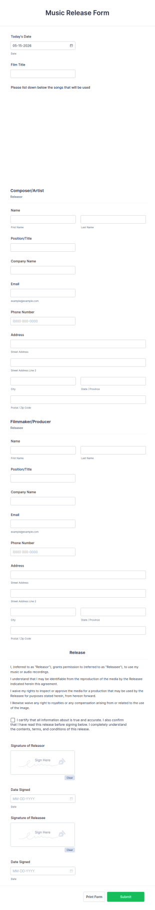 Music Release Form Template