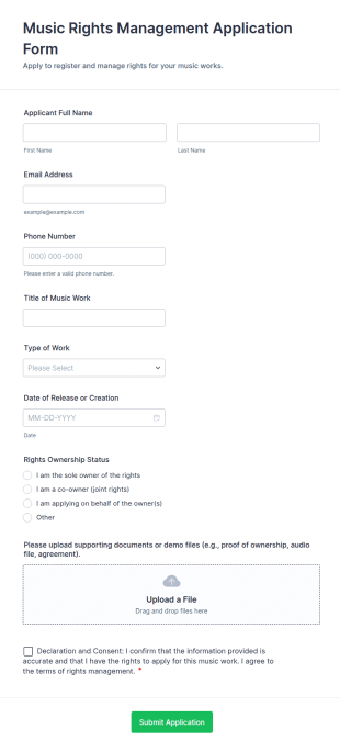 Music Rights Management Application Form Template