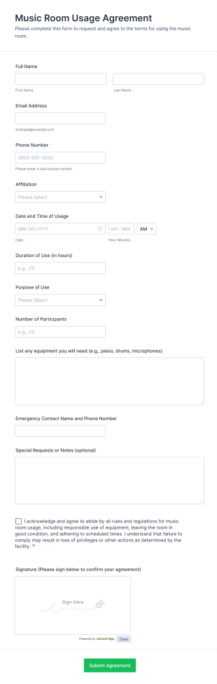 Music Room Usage Agreement Form Template