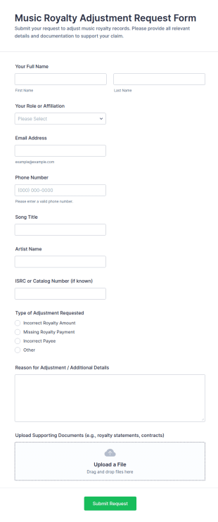 Music Royalty Adjustment Request Form Template