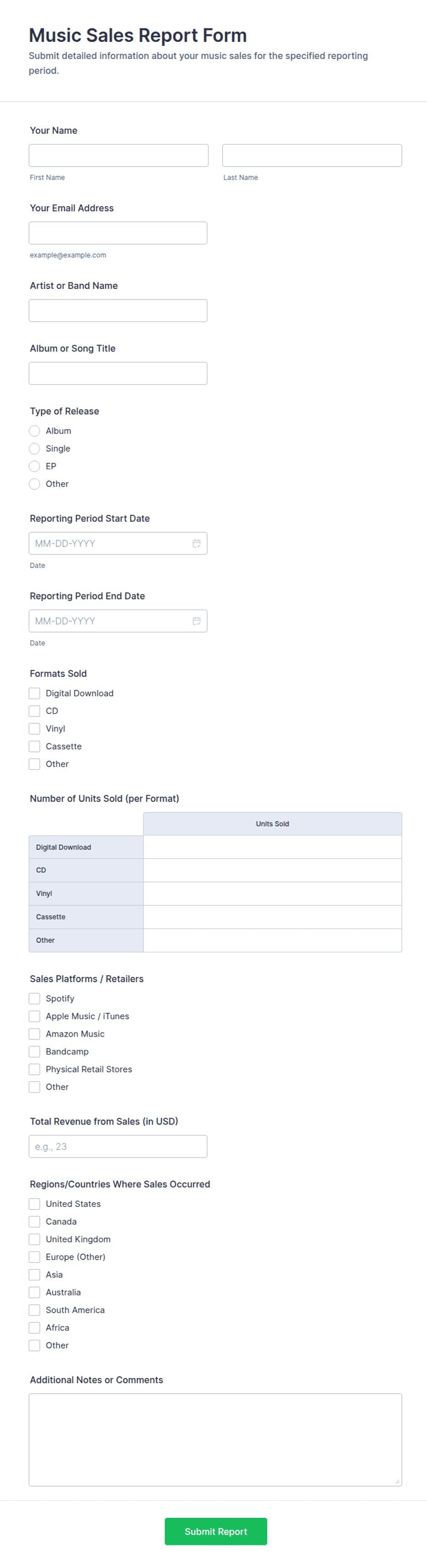 Music Sales Report Form Template | Jotform