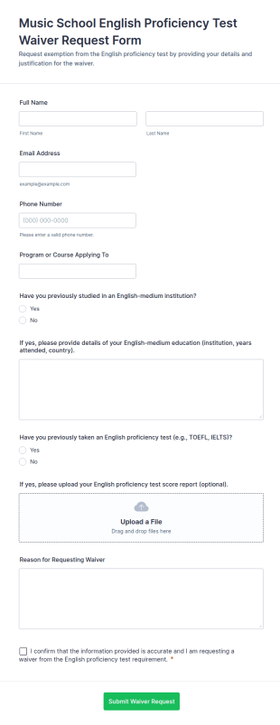 Music School English Proficiency Test Waiver Request Form Template