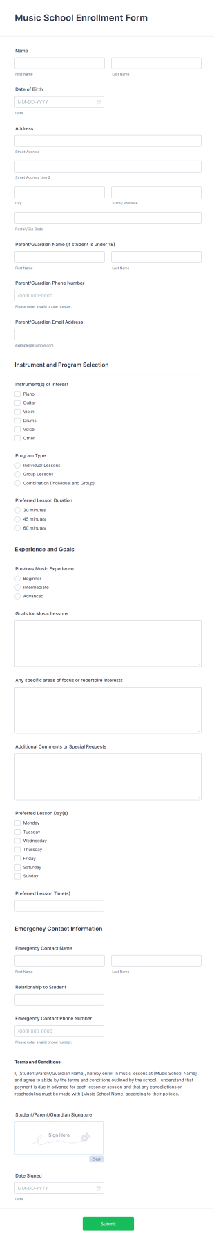 Music School Enrollment Form Template