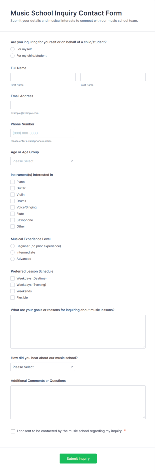 Music School Inquiry Contact Form Template