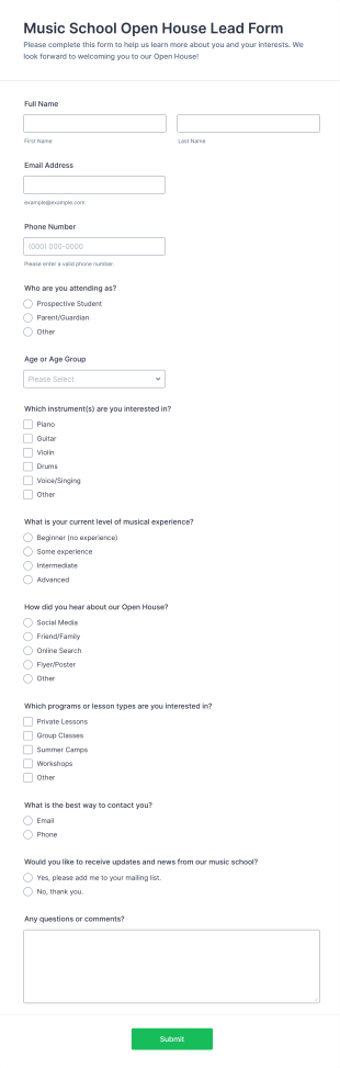 Music School Open House Lead Form Template