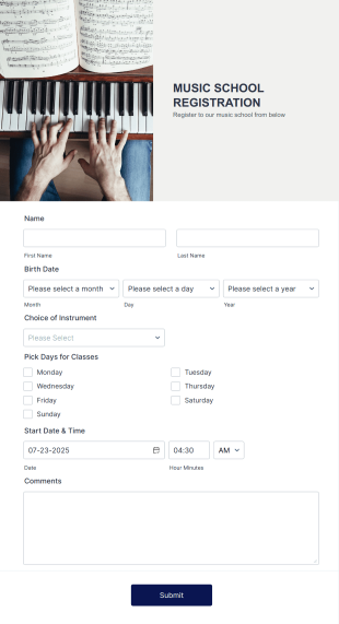 Music School Registration Form Template