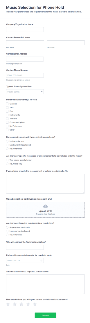 Music Selection For Phone Hold Form Template