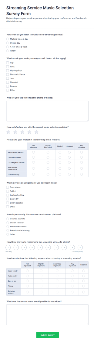 Music Selection Survey Form Template