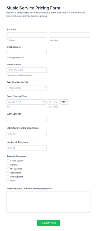 Music Service Pricing Form Template