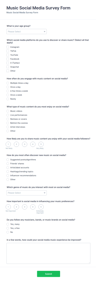 Music Social Media Survey Form Template