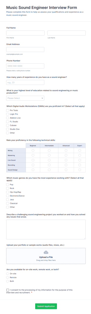 Music Sound Engineer Interview Form Template