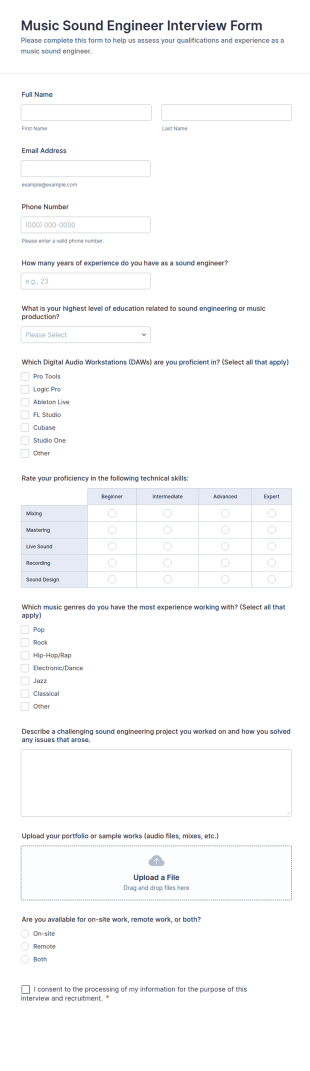 Music Sound Engineer Interview Form Template