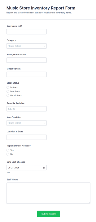 Music Store Inventory Report Form Template