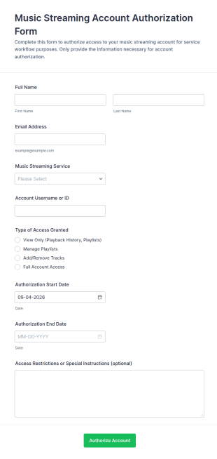 Music Streaming Account Authorization Form Template