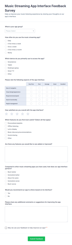 Music Streaming App Interface Feedback Survey Form Template