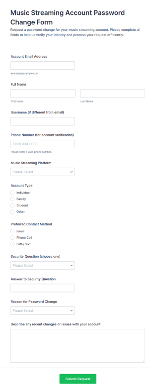 Music Streaming Password Change Form Template