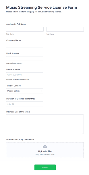 Music Streaming Service License Form Form Template