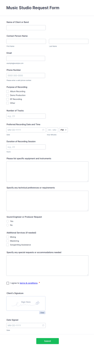 Music Studio Request Form Template