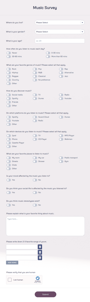 Music Survey Form Template