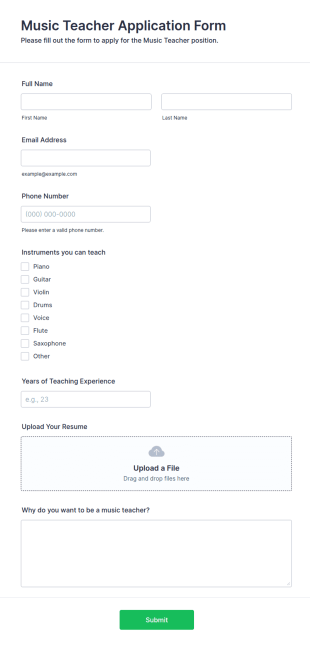 Music Teacher Application Form Template