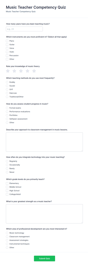 Music Teacher Competency Quiz Form Template