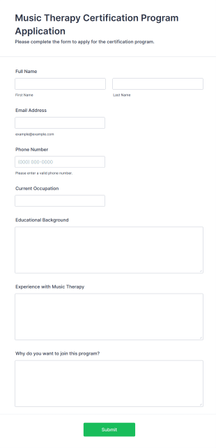 Music Therapy Certification Program Application Form Template