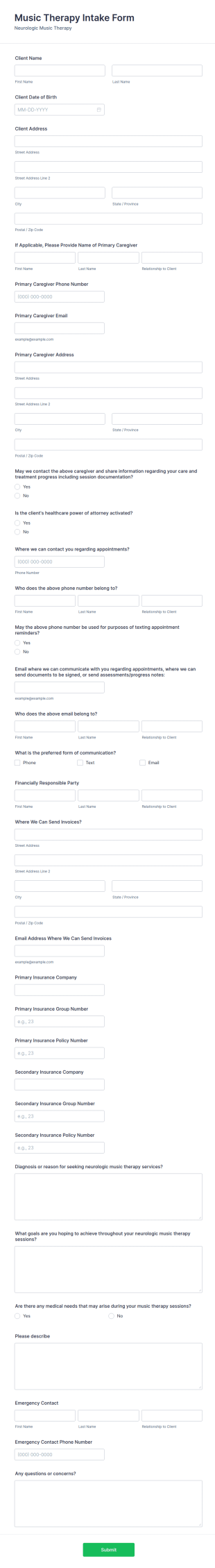 Music Therapy Intake Form Template