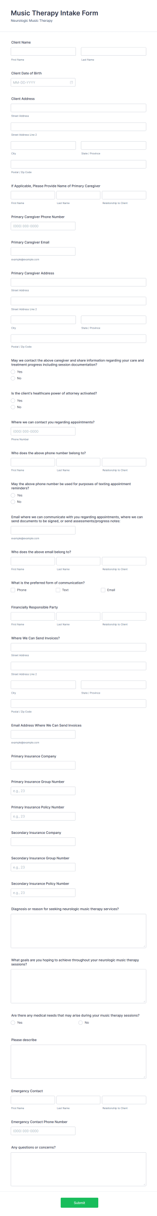 Music Therapy Intake Form Template