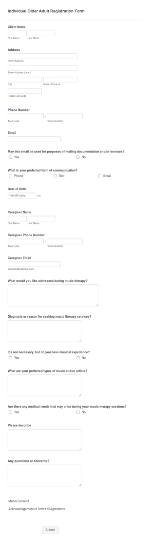Music Therapy Registration Form Template