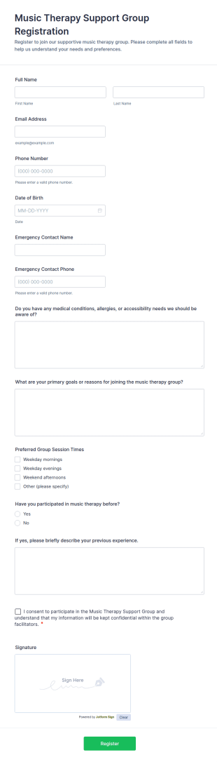 Music Therapy Support Group Registration Form Template