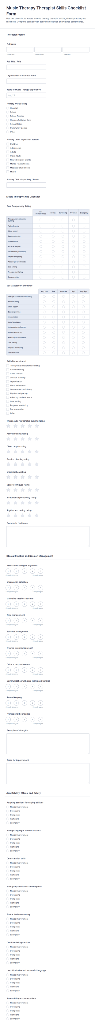 Music Therapy Therapist Skills Checklist Form Template