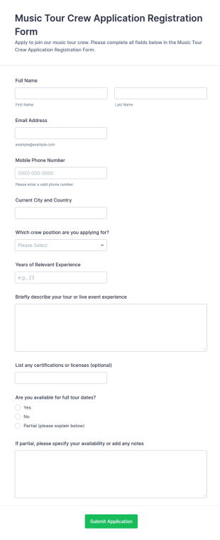 Music Tour Crew Application Form Template