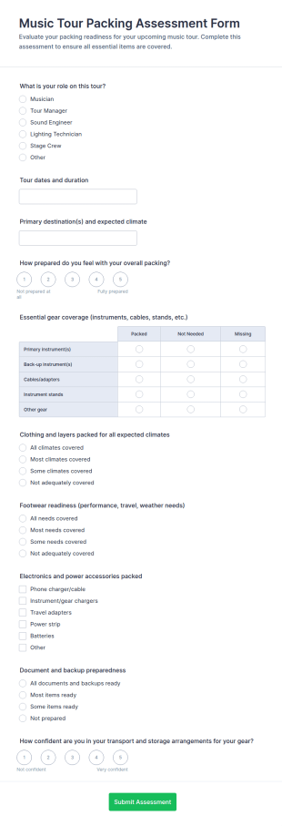 Music Tour Packing Assessment Form Template
