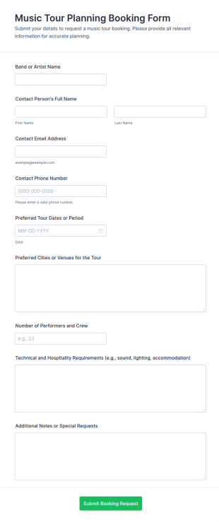 Music Tour Planning Booking Form Template