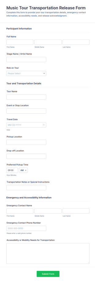 Music Tour Transportation Release Form Template