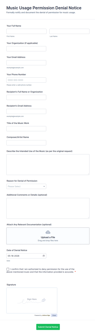 Music Usage Permission Denial Notice Form Template