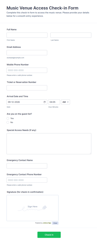 Music Venue Access Check In Form Template