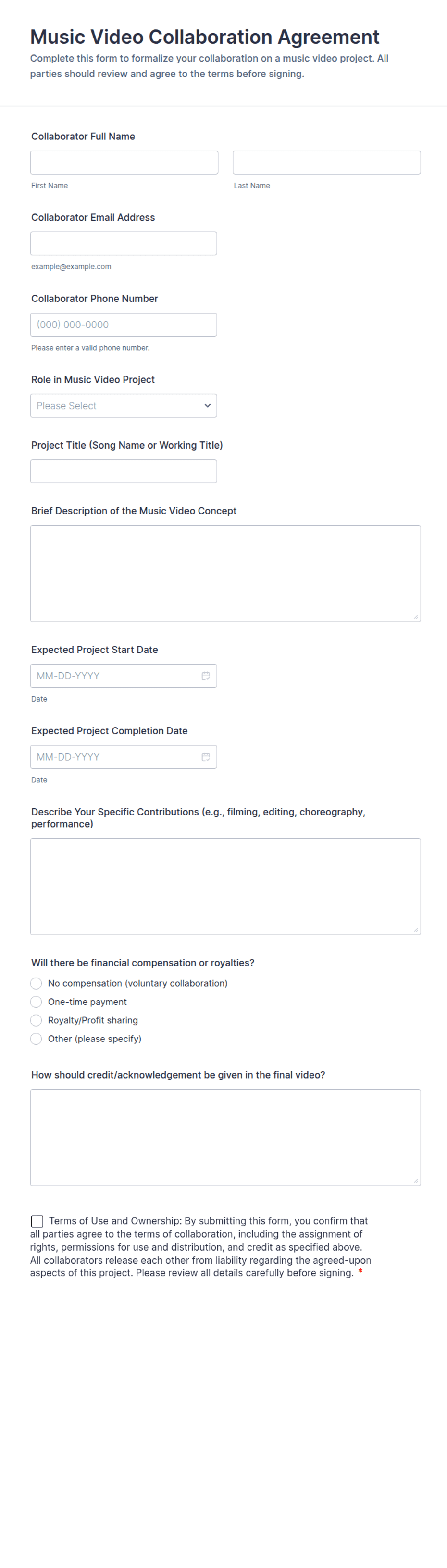 Music Video Collaboration Agreement Form Template | Jotform