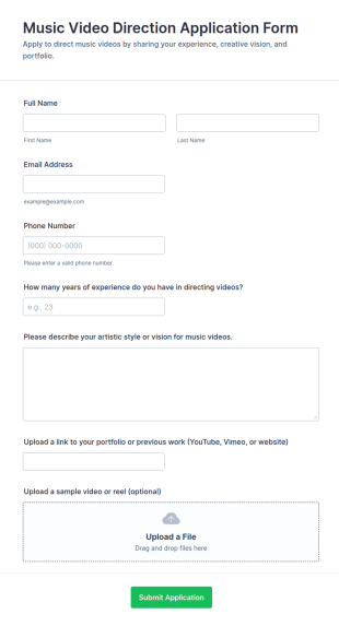 Music Video Direction Application Form Template