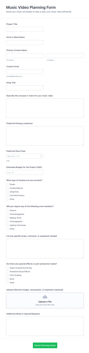 Music Video Planning Form Template