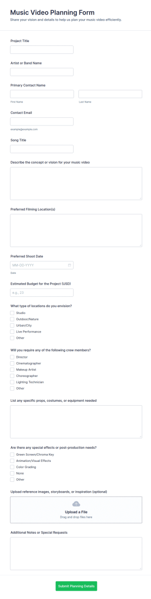 Music Video Planning Form Template
